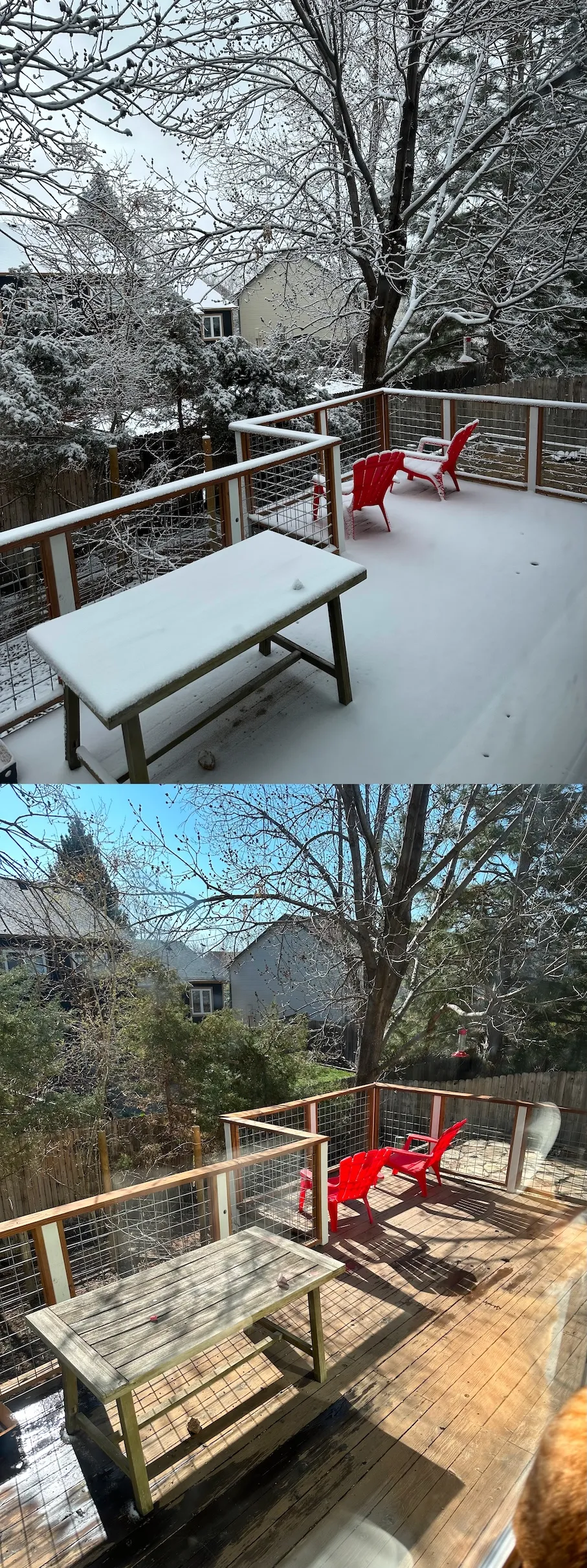 Two views of a deck, one snowy and one sunny.