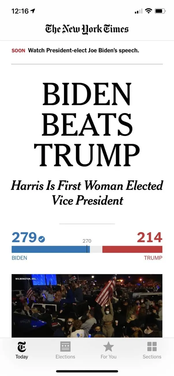 NY Times headline BIDEN DEFEATS TRUMP