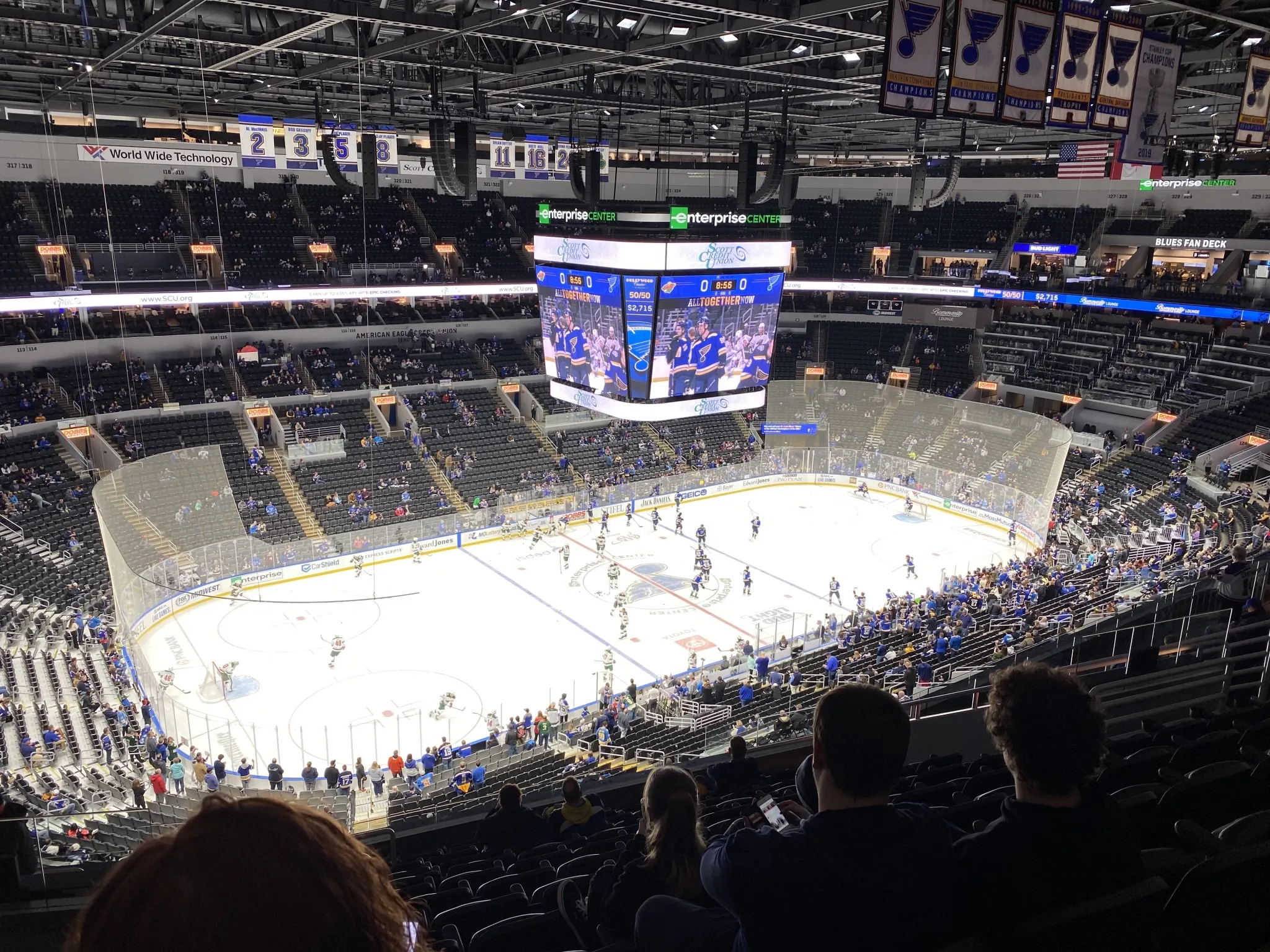 A wide view of a hockey arena