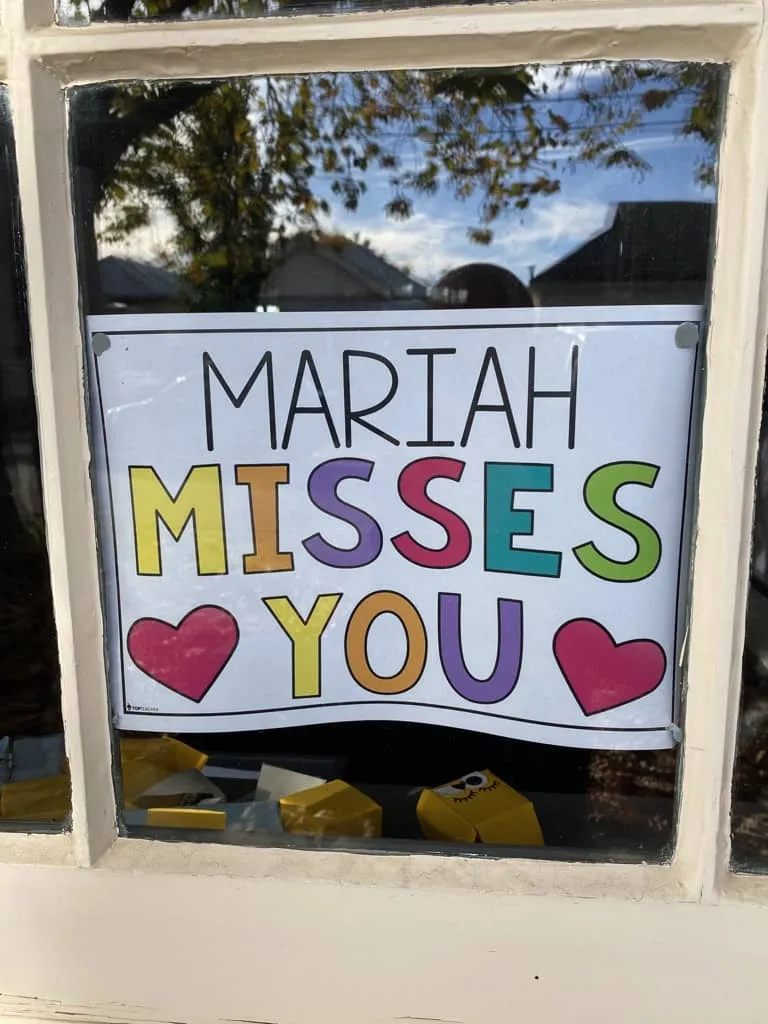 A sign in a school window