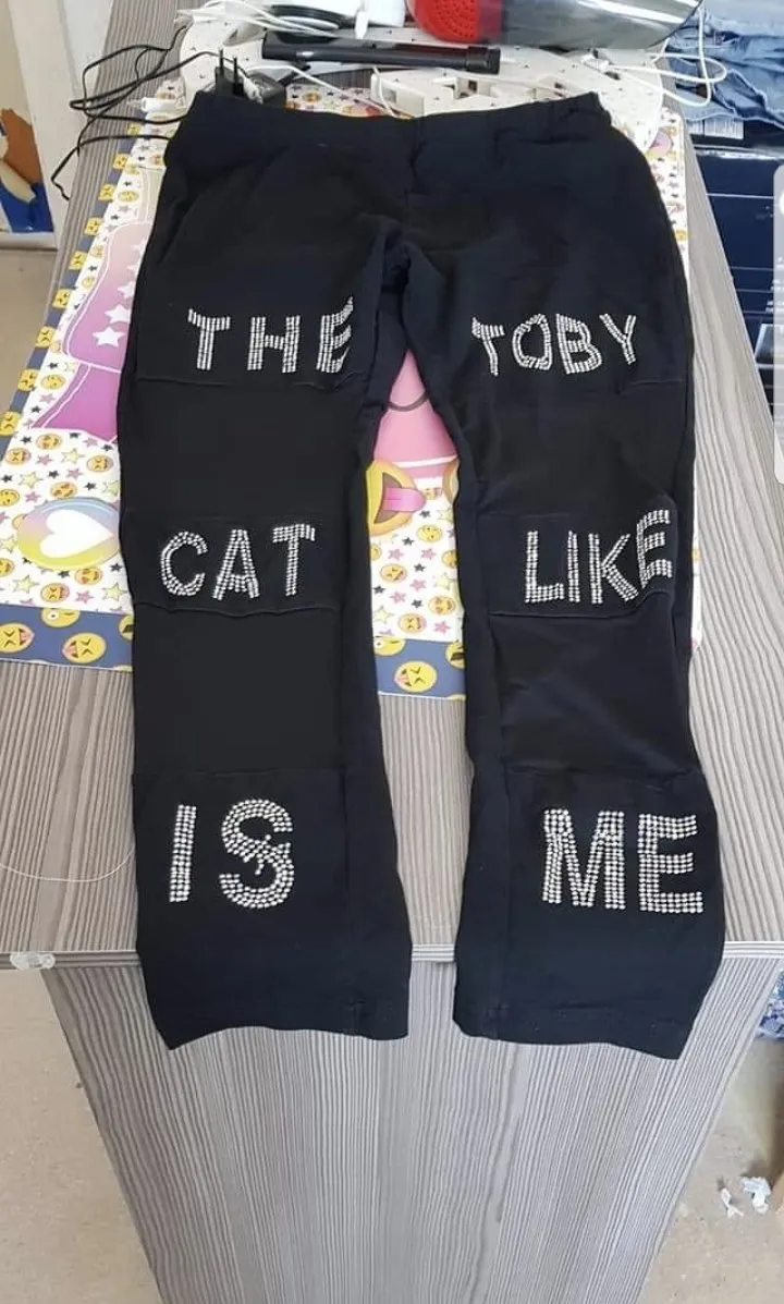 Pants witj the following bedazzled words: THE TOBY CAT LIKE IS ME