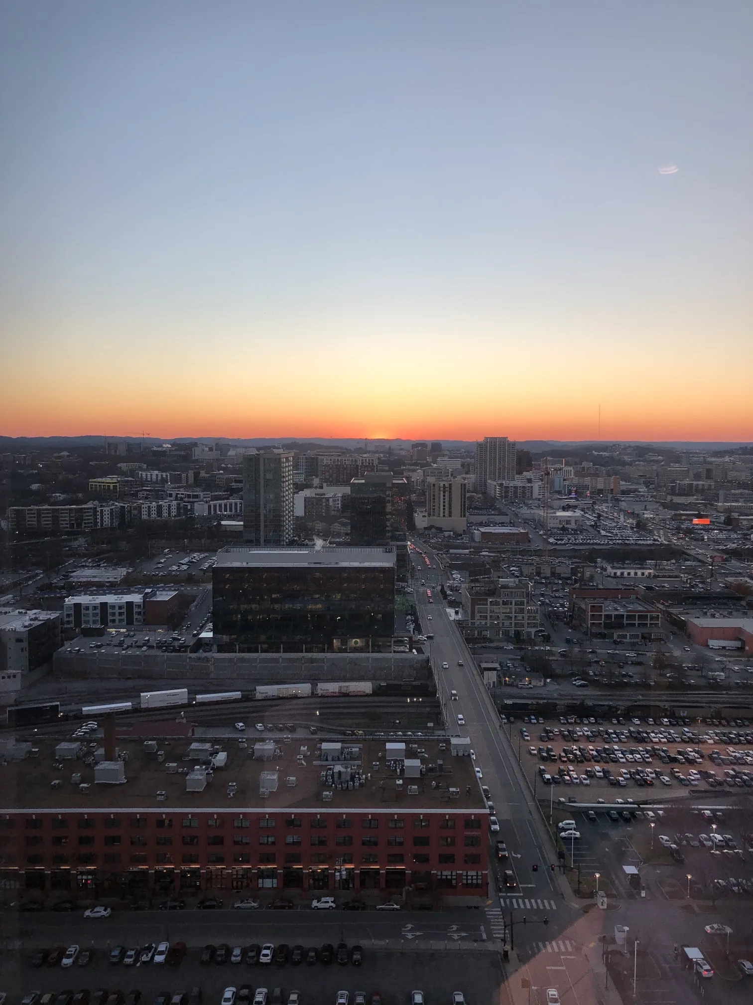 A sunset taken from a high floor in a building