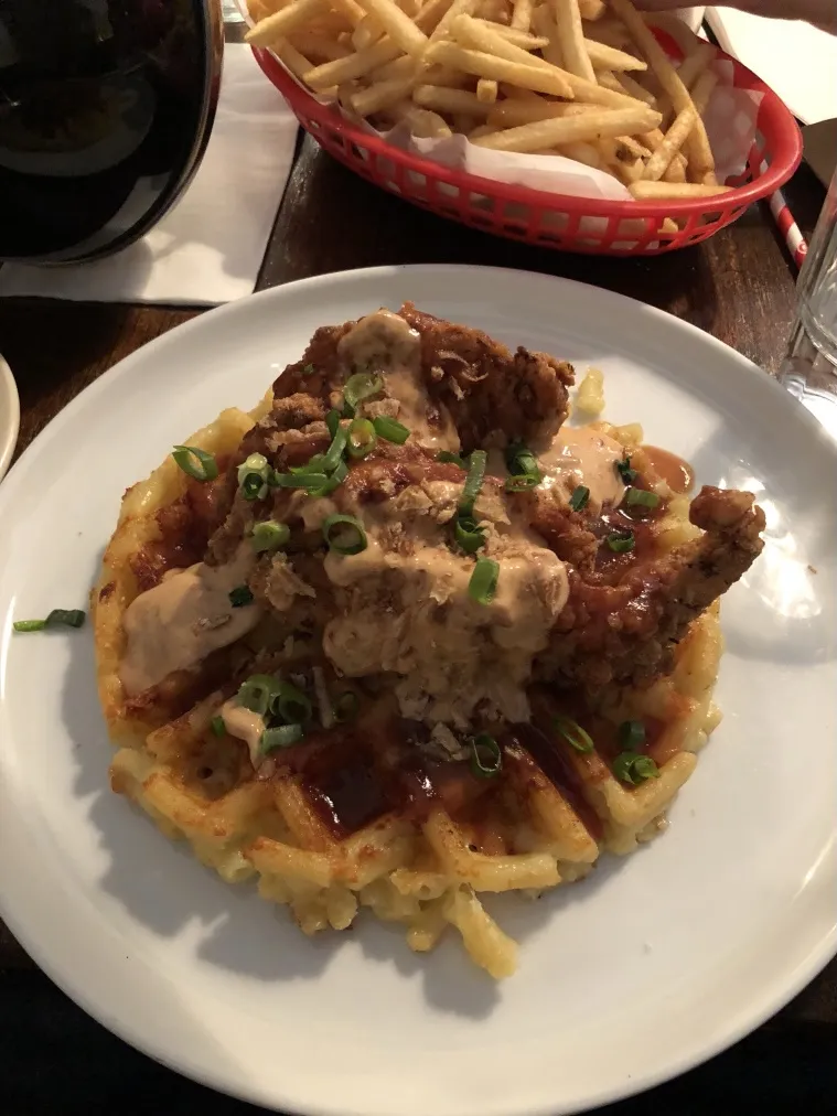 A plate of chicken and waffles